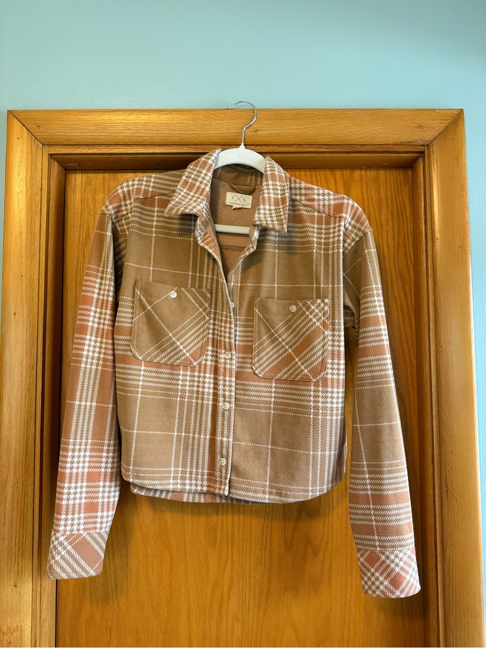 Thread & Supply Plaid Jean Shacket in Camel and White